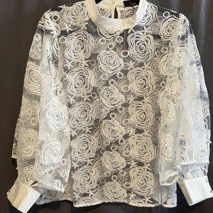 N by Nancy unique mod embroidered blouse white lace and pearl with puff sleeves